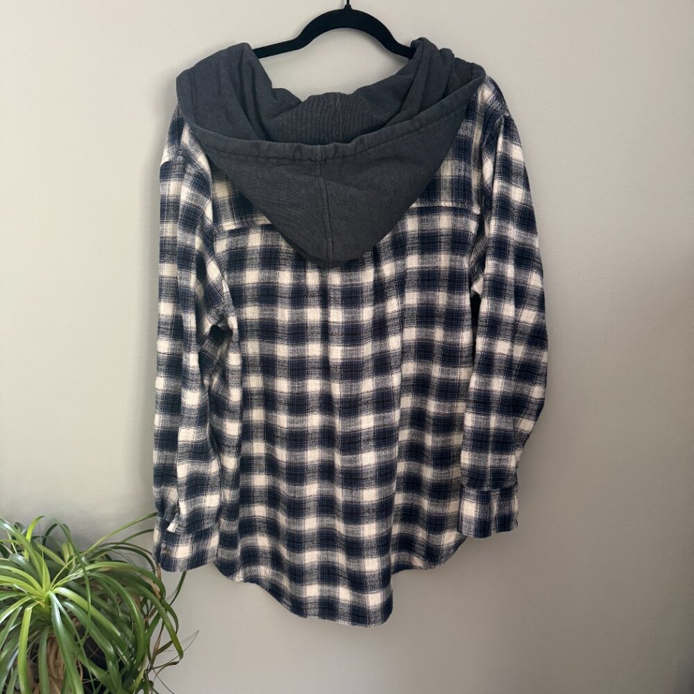 American Eagle Blue Plaid Hooded Flannel Shacket XL Cozy Button Shirt Jacket - Picture 3 of 3